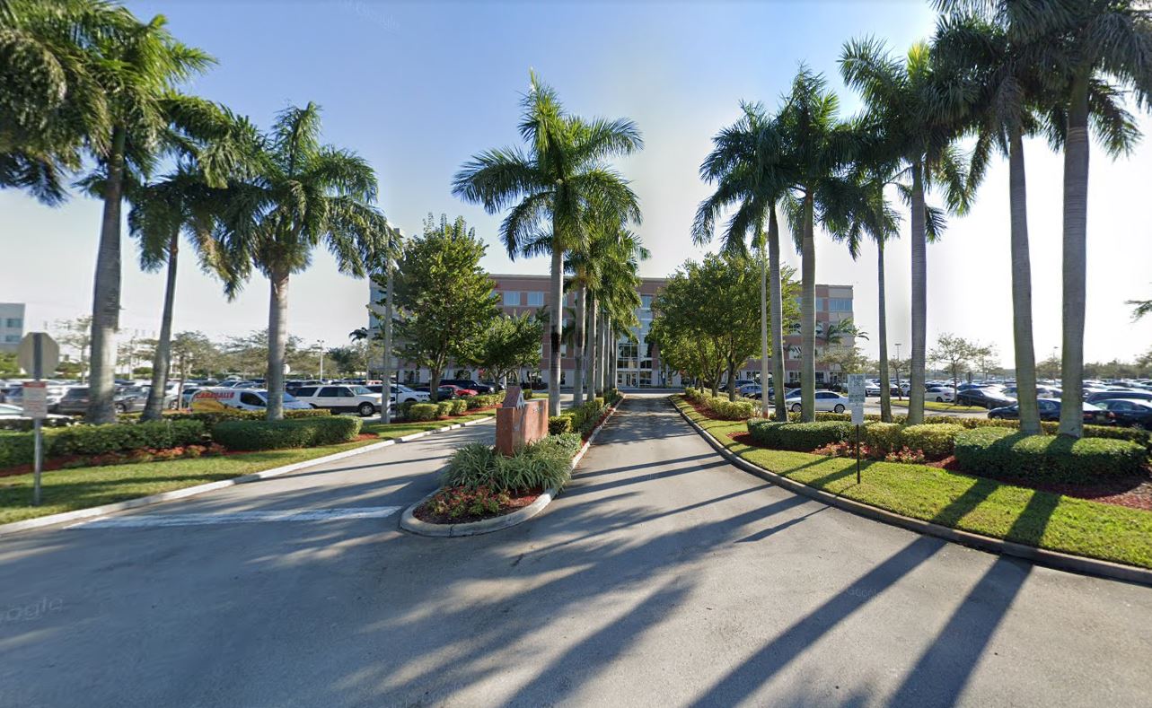 A street with palm trees and parking lot.